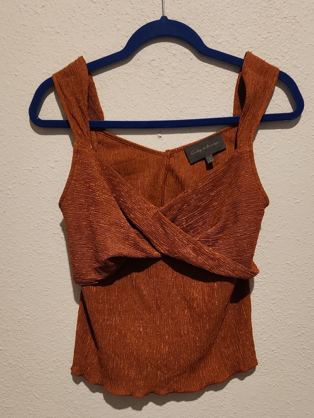 Sunday in Brooklyn Anthropologie Rust Twist Front Crop Tank | Crinkle Shimmer